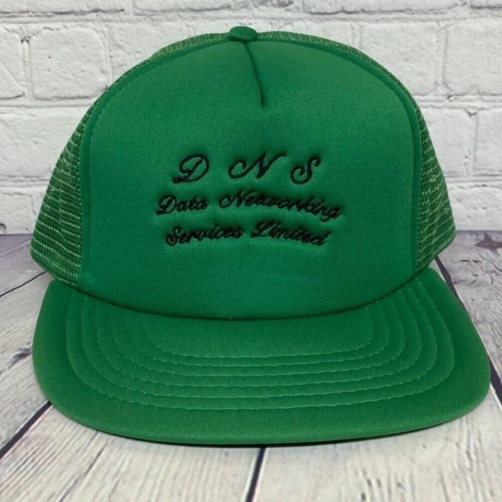 Vintage DNS Data Networking Services Limited Trucker Hat Mesh Cap Snapback Green